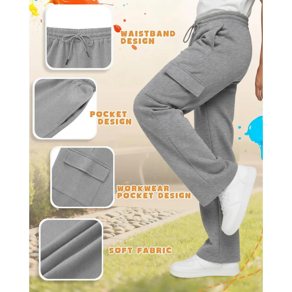 LessonZoo Boys' Gray Dark 3 Pack Cargo Sweatpants Drawstring Elastic Waist M
